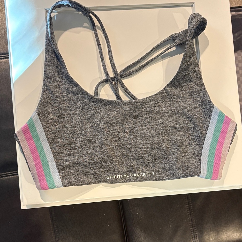 Spiritual Gangster Gray Strappy Sports Bra with Pastel Side Stripes